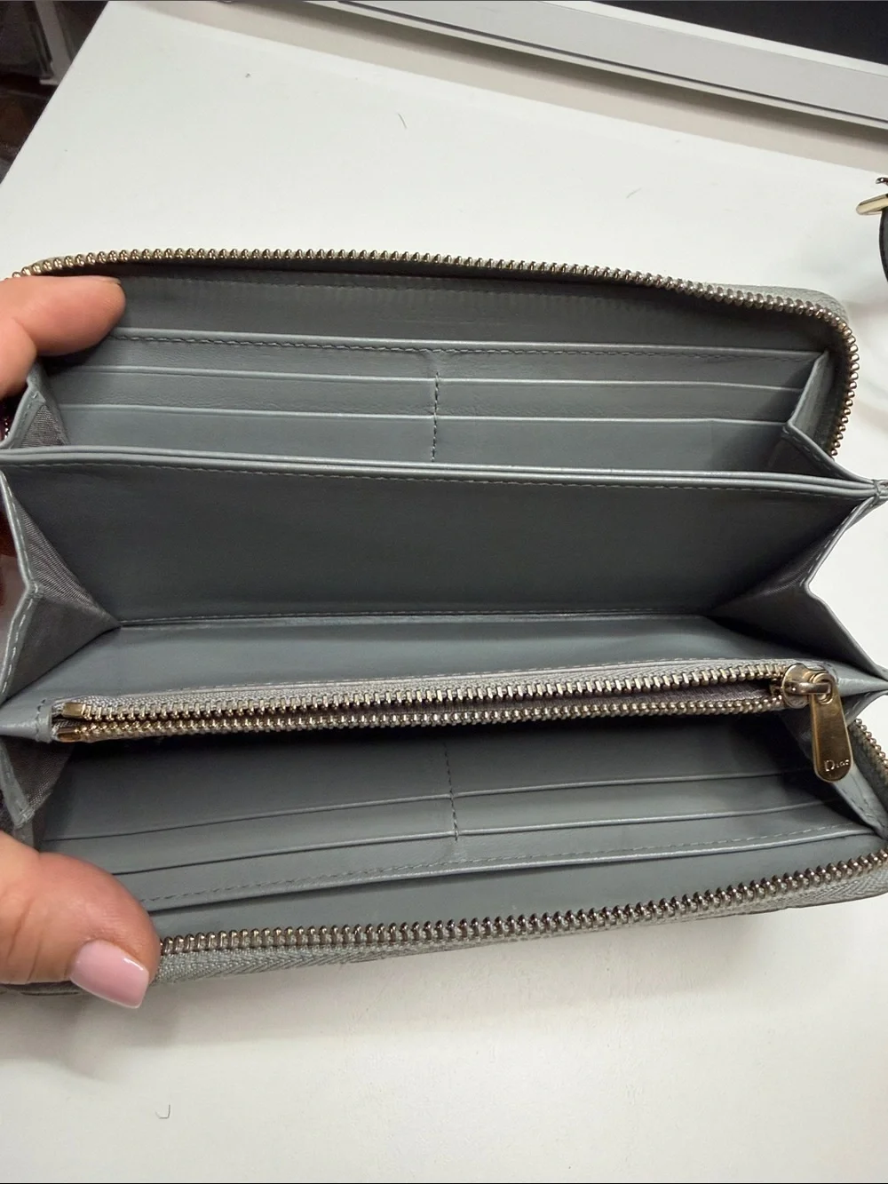 Dior Gray Quilted Patent Zip Card Holder with Gold Charms
